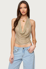 Shiny Knit Cowl Neck Backless Top