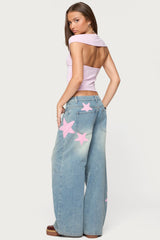 Trish Satin Effect Stars Low Rise Jeans