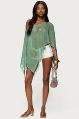 Sequin Fringe Knit Poncho