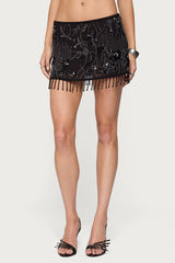 Sheer Sequin Bead Fringed Mini Skirt