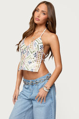 Embroidered Sequin Backless Top