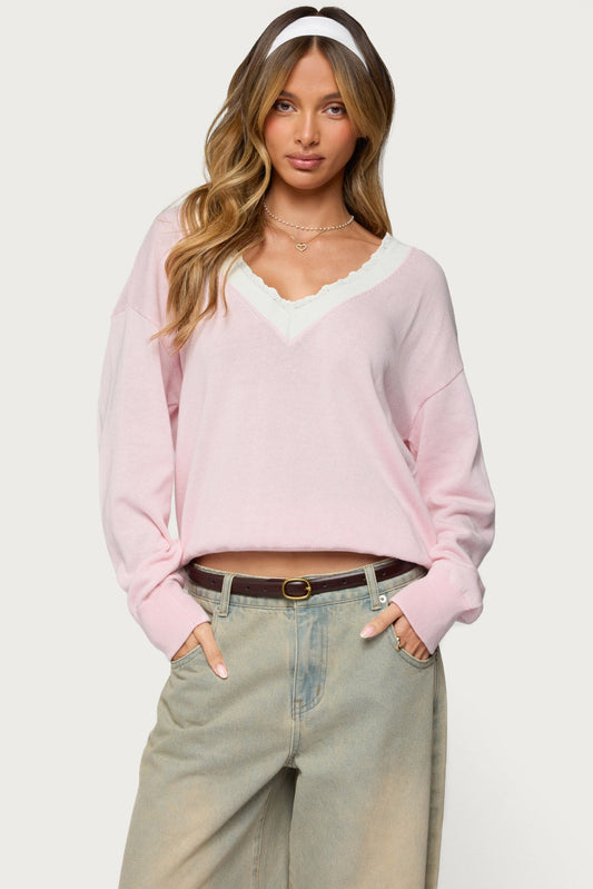 Marie Contrast Lacey V Neck Sweater
