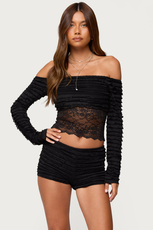Tauri Lacey Ruffled Off Shoulder Top