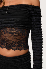 Tauri Lacey Ruffled Off Shoulder Top