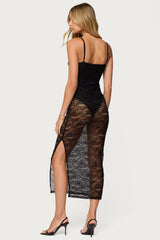 Sheer Lace Built In Bodysuit Midi Dress