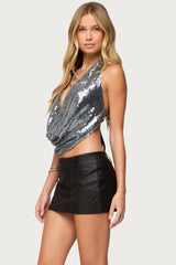 Sequin Backless Halter Neck Top
