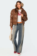 Wintry Faux Leather Hooded Puffer