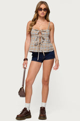Mirena Tie Front Plaid Top