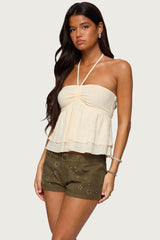 Layered Linen Look Babydoll Halter Top