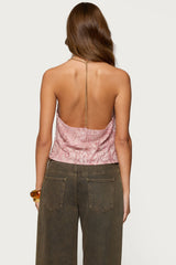 Printed Halter Chain Cowl Neck Top