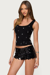 Zelena Faux Crystal Ribbed Tank Top