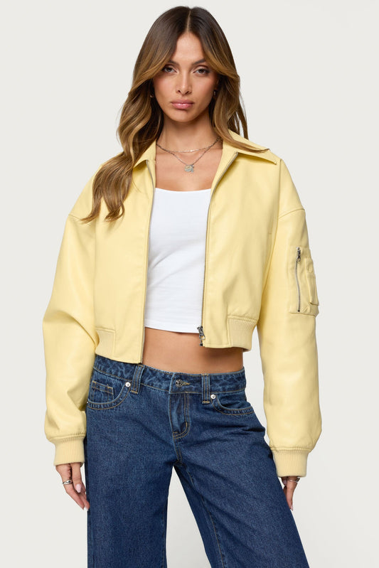 Zayna Cropped Faux Leather Bomber Jacket