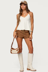 Washed Faux Leather Micro Cargo Shorts