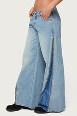 Zippered Washed Wide Leg Jeans