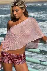 Sequin Fringe Knit Poncho