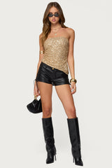 Sequin Asymmetric Slit Strapless Top