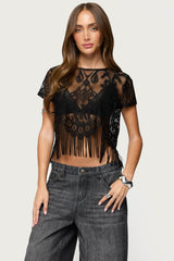Kira Sheer Lace Fringe Top