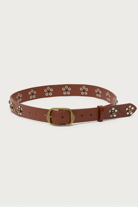 Flower Studded Faux Leather Belt