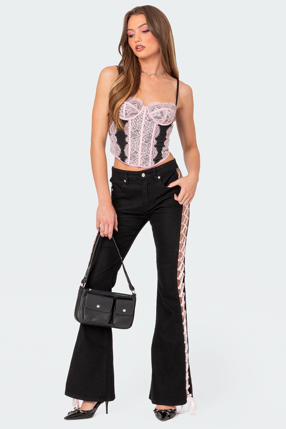 Satin Effect Lace Up Flared Jeans