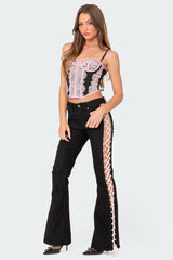 Satin Effect Lace Up Flared Jeans