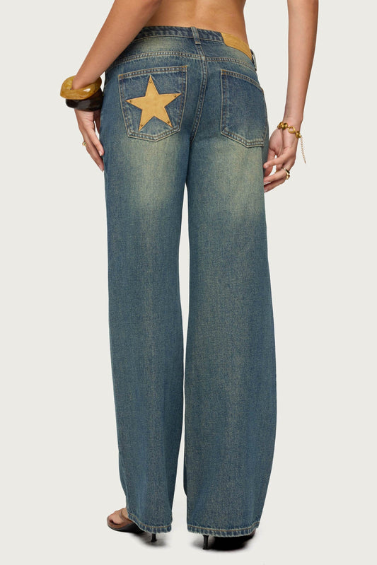 Faux Suede Star Low Rise Jeans