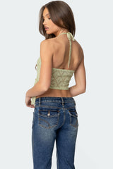 Asymmetric Sheer Lace Halter Top