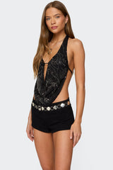 Beaded Chiffon Backless Cowl Neck Top