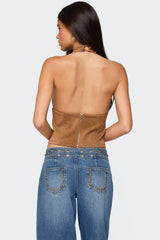Xaria Studded Faux Suede Halter Top