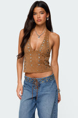 Xaria Studded Faux Suede Halter Top