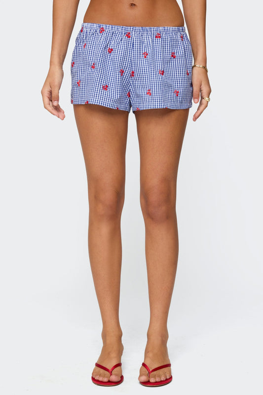 Cherry Embroidered Gingham Boxer Shorts