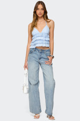 Tiered Ruffle Backless Striped Halter Top