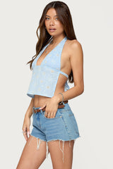 Floral Eyelet Backless Halter Top