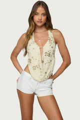 Beaded Chiffon Backless Cowl Neck Top