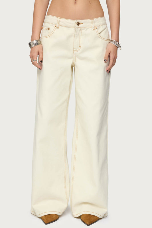 Contrast Stitch Low Rise Wide Leg Jeans