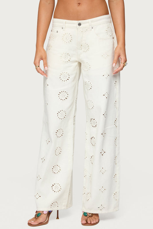 Eyelet Low Rise Wide Leg Jeans