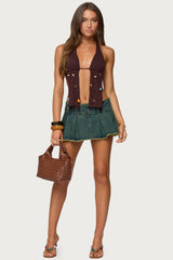 Frayed Pleated Denim Mini Skort