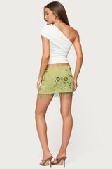 Sheer Sequin Bead Fringed Mini Skirt