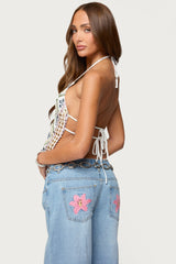 Embroidered Sequin Backless Top