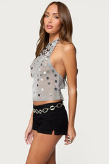 Shiny Sequin Backless Halter Top