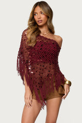 Fringe Sequin Crochet Poncho