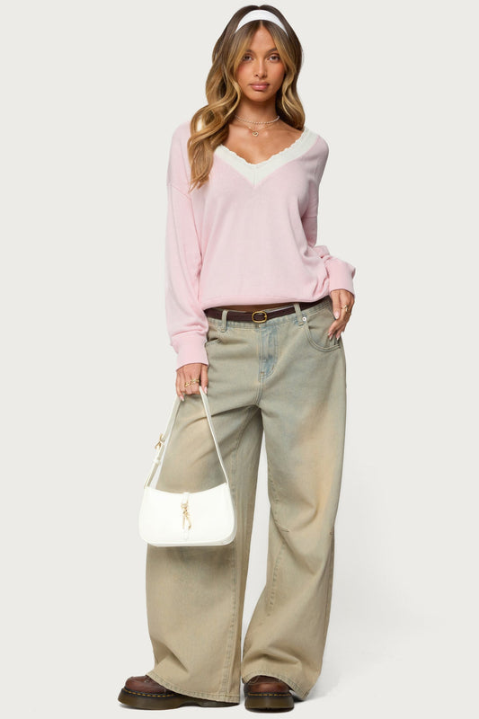 Marie Contrast Lacey V Neck Sweater