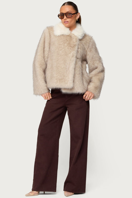 Contrast Collar Faux Fur Jacket