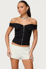 Collared Off Shoulder Zip Up Top