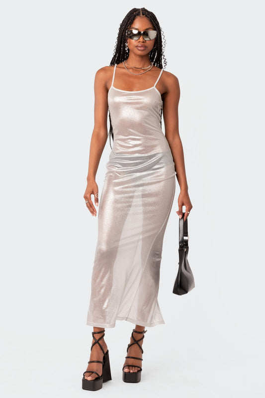 Nyla Sheer Glittery Back Slit Maxi Dress