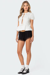 Puffed Sleeve Tie Front Top