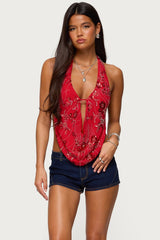 Beaded Chiffon Backless Cowl Neck Top