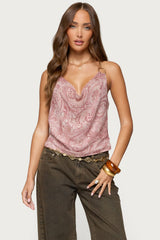Printed Halter Chain Cowl Neck Top