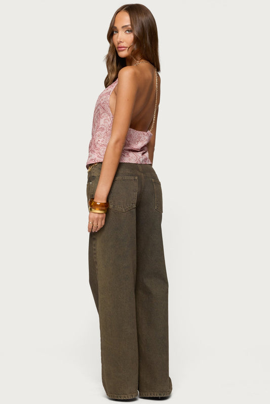 Printed Halter Chain Cowl Neck Top