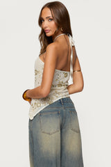 Beaded Sequin Asymmetric Halter Top