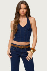 Jemima Contrast Stitch Denim Halter Top